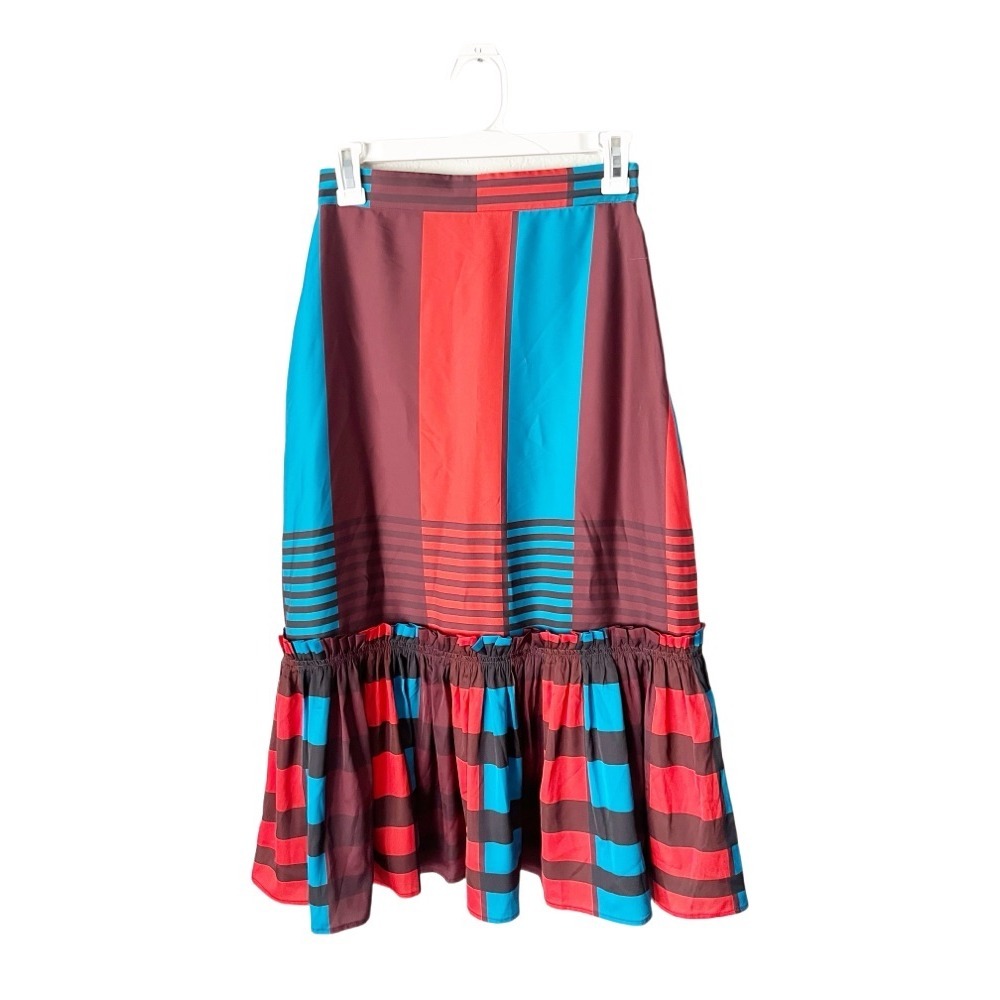 Eva Franco Flounced Midi Skirt Size 2 Colorblock Striped Ruffle Boho Whimsical